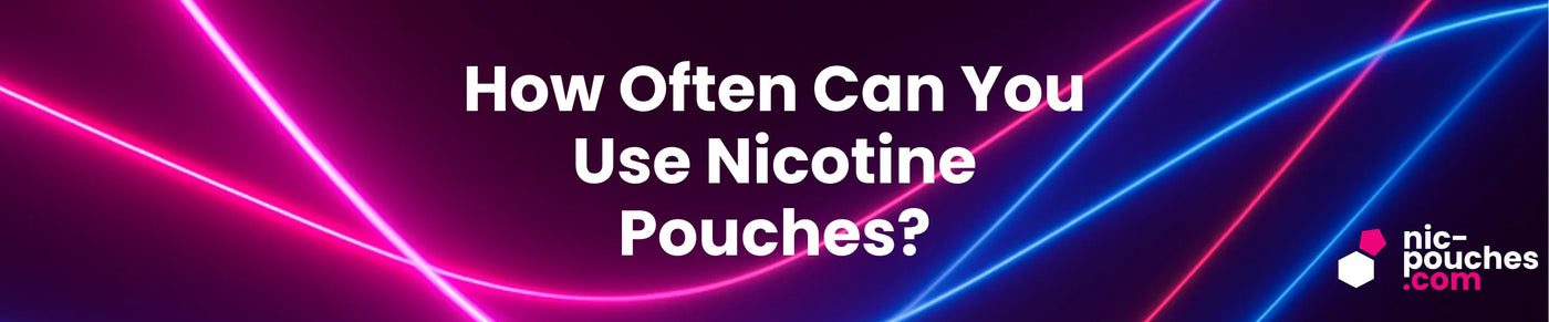 Neon pink and blue background with text about nicotine pouches and a logo in the corner.