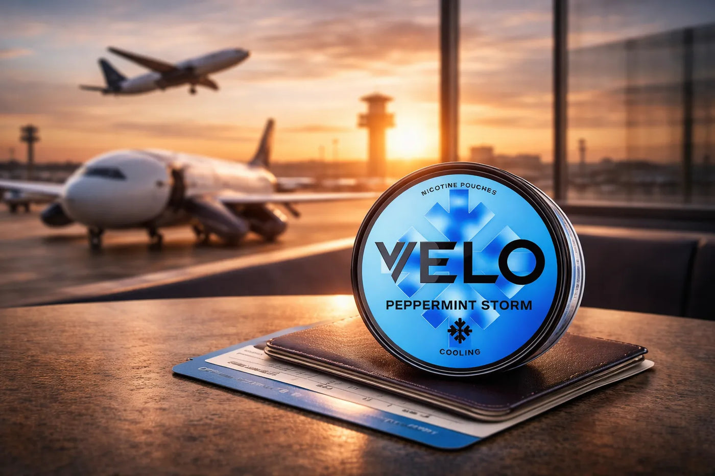 VELO peppermint storm nicotine pouches on a passport with an airport background