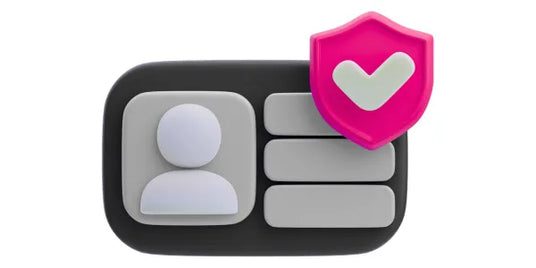 Icon with a user profile picture and a pink shield with a white check mark on a white background