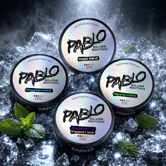 Pablo Silver Edition Nicotine Pouches - Promotional shot with ice and mint leaves