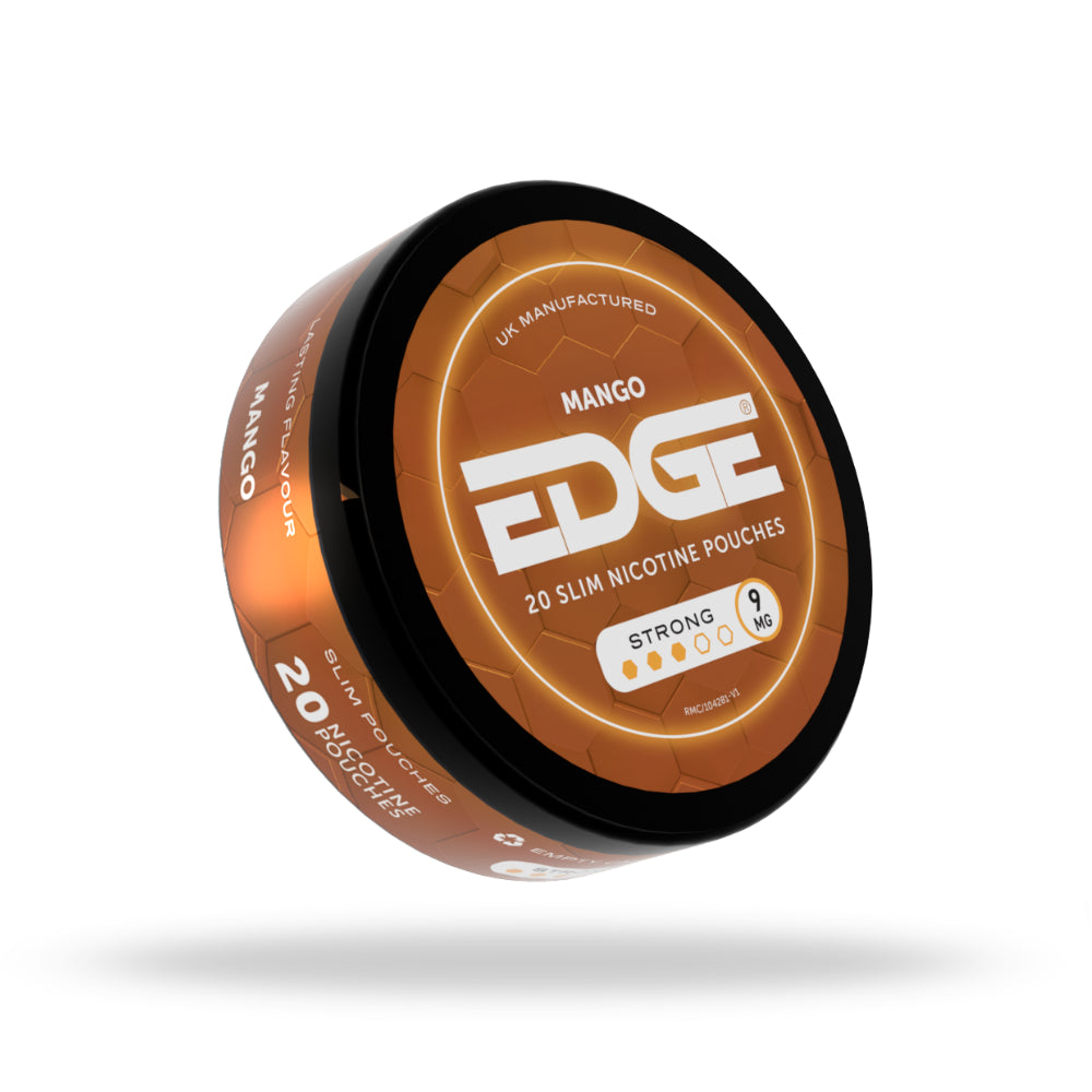 Orange and black container of EDGE nicotine pouches on a white background