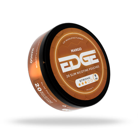 Orange and black container of EDGE nicotine pouches on a white background