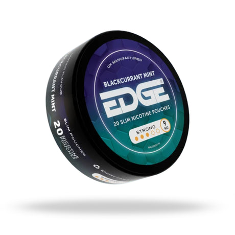 Container of Edge Blackcurrant Mint nicotine pouches on a white background