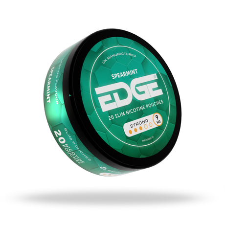 Green container of Spearmint Edge nicotine pouches on a white background