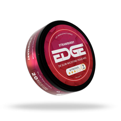 Red container of Strawberry EDGE nicotine pouches on a white background