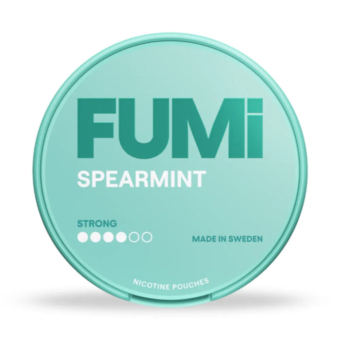 Mint green container of FUMi Spearmint nicotine pouches on a white background