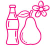 A minimalist line-art icon showing a soda bottle, a pear, and a flower in bright pink outline on a white background.