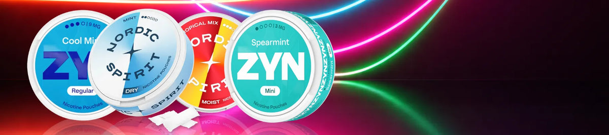 Nordic Spirit and ZYN nicotine pouches on a neon lights background