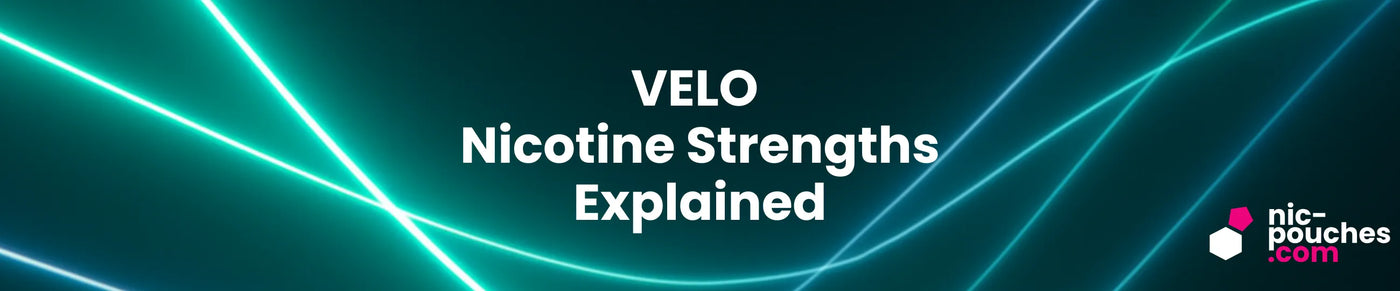 Promotional banner for VELO nicotine strengths explained with dynamic blue lines on a dark background.