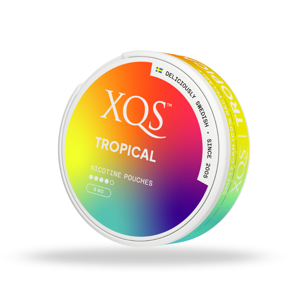 XQS Tropical nicotine pouches container with colorful gradient on a white background