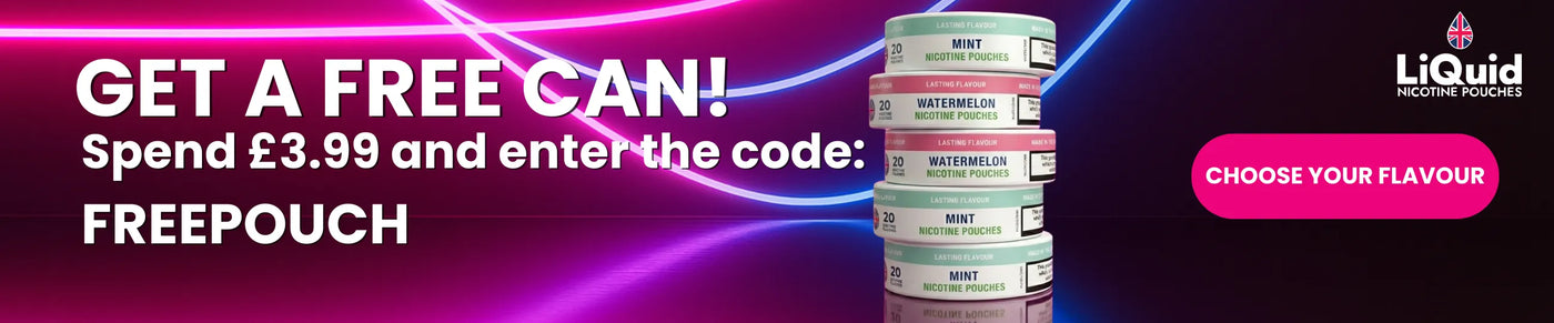 Promotional banner for a free can offer with stacked pouches and a colorful background.