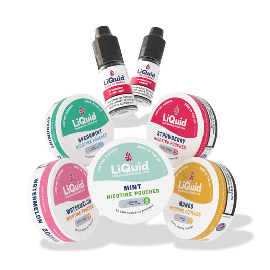 LiQuid Vape and Nic Pouch Products on a white background