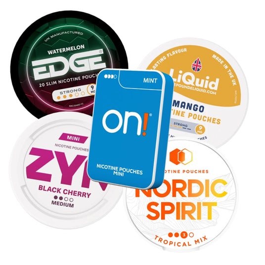 Nicotine Pouch Collage including EDGE, ZYN, ON!, LiQuid and Nordic Spirit