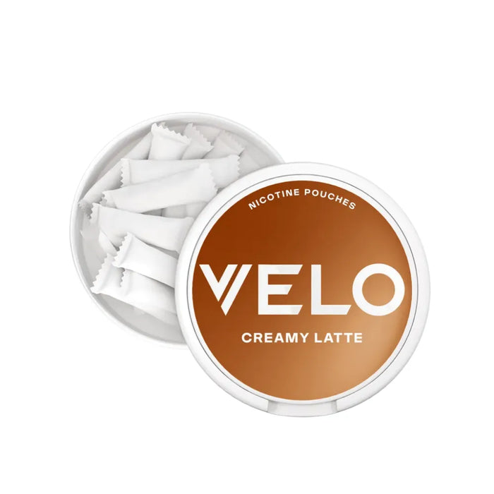 Velo Creamy Latte nicotine pouches in a container on a white background